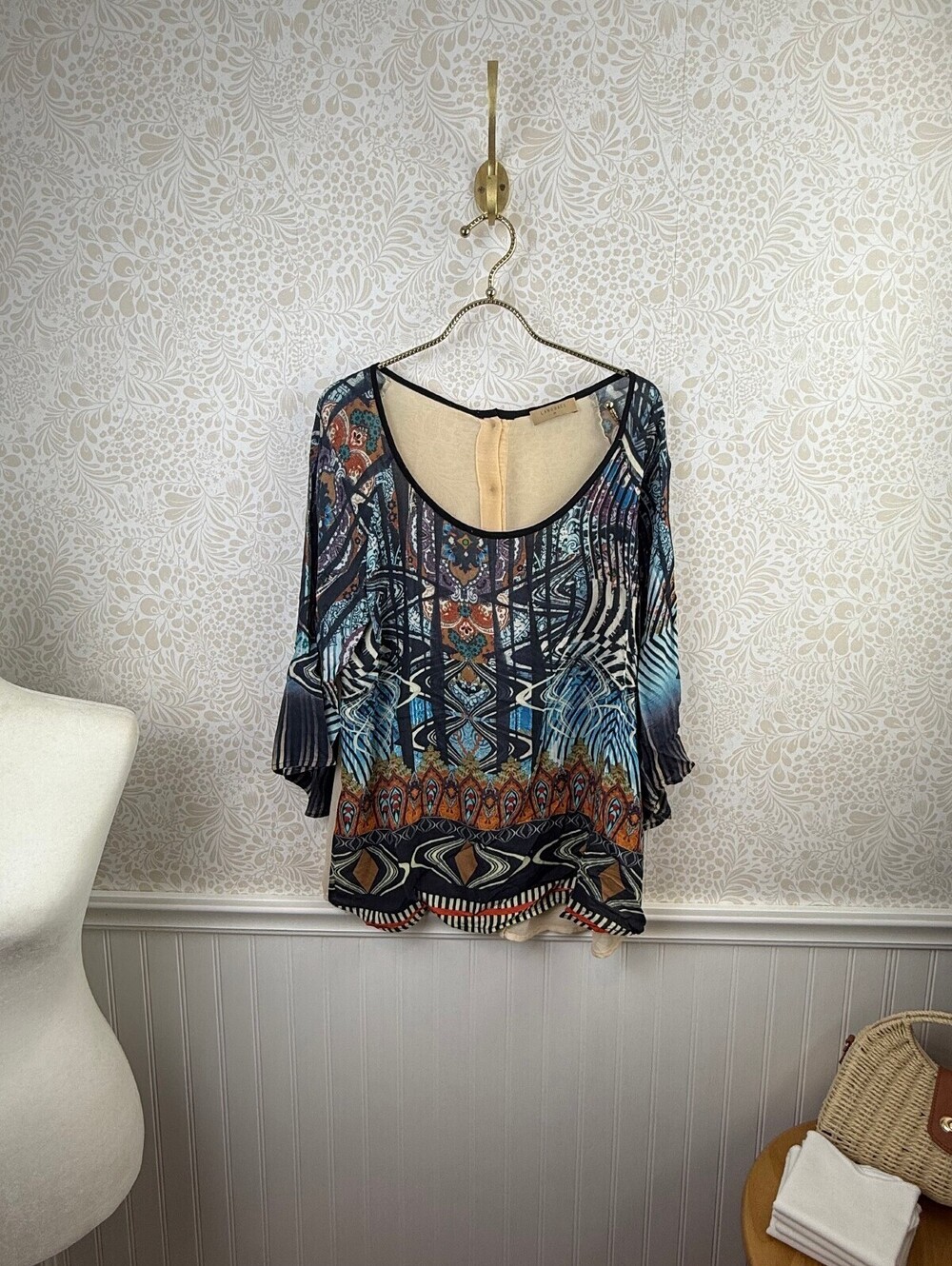 Language Sheer Mesh Boho 3/4 Sleeve Flare Sleeve Blouse - Size - Medium